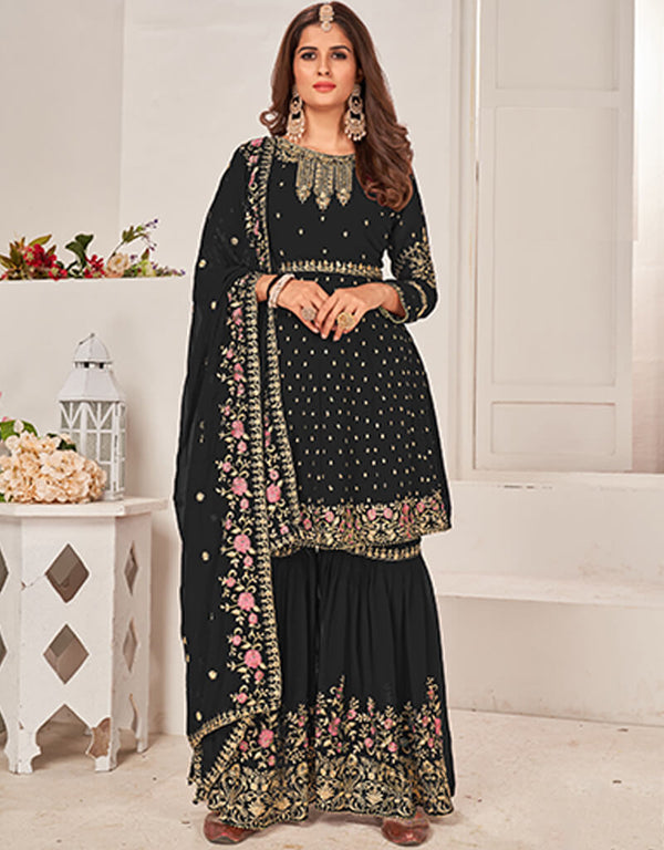 Black Sharara style Salwar Suit Faux Georgette Salwar Kameez in Embroidery, Sequins & Lace Work