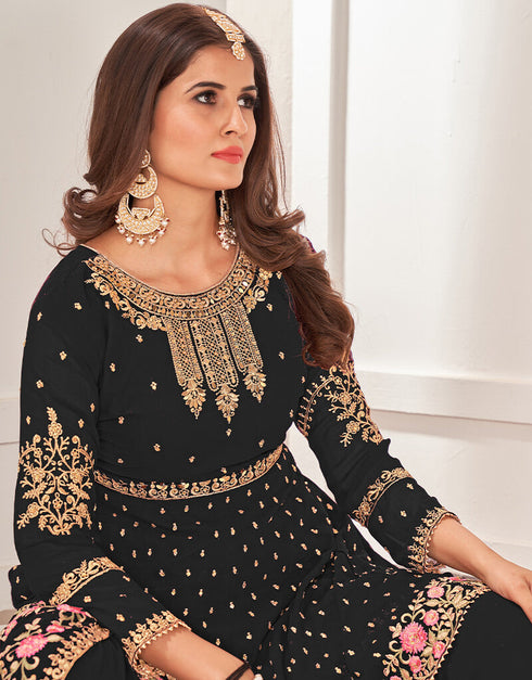 Black Sharara style Salwar Suit Faux Georgette Salwar Kameez in Embroidery, Sequins & Lace Work Closure View