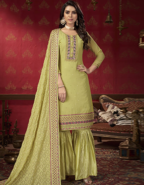 Mustard Sharara style Suit Semi-Stitched Suits Salwar Kameez in Heavy Embroidery & Lace Work
