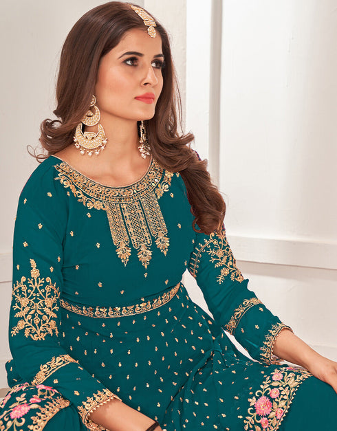 Rama Sharara style Salwar Suit Faux Georgette Salwar Kameez in Embroidery, Sequins & Lace Work Closure View
