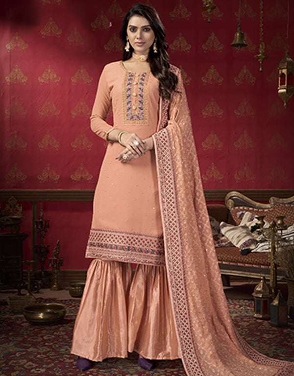 Peach Sharara style Suit Semi-Stitched Suits Salwar Kameez in Heavy Embroidery & Lace Work