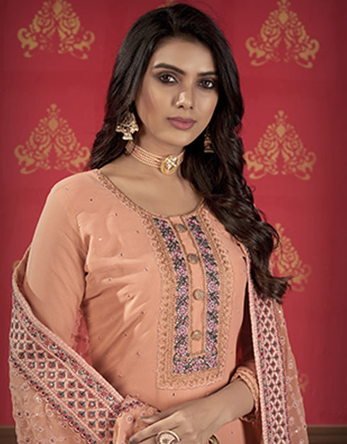 Peach Sharara style Suit Semi-Stitched Suits Salwar Kameez in Heavy Embroidery & Lace Work Closure View Embroidery Back side View