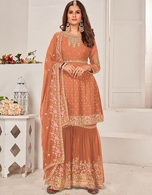 Beige Sharara style Salwar Suit Faux Georgette Salwar Kameez in Embroidery, Sequins & Lace Work