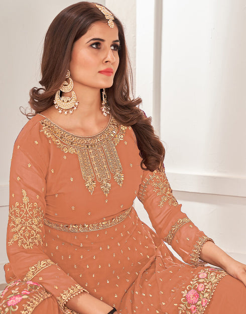 Beige Sharara style Salwar Suit Faux Georgette Salwar Kameez in Embroidery, Sequins & Lace Work Closure View