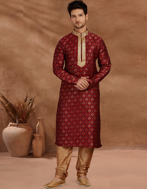 Marron Kurta Jaquard Churidar