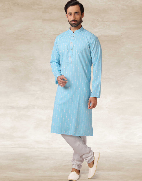 Sky Blue Kurta Hand Loomed In Rich Yarns Of Cotton Chudidaar