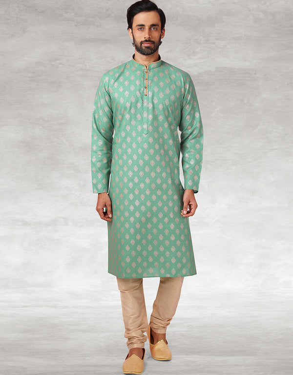 Green Kurta Hand Loomed In Rich Yarns Of Cotton Chudidaar