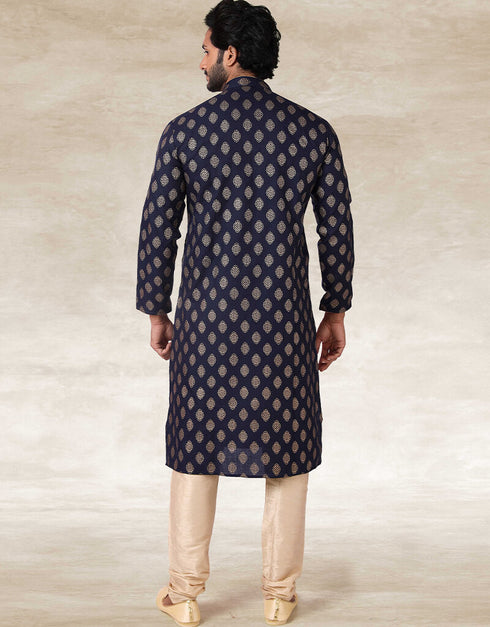 Navy Blue Kurta Hand Loomed In Rich Yarns Of Cotton Chudidaar Closure View
