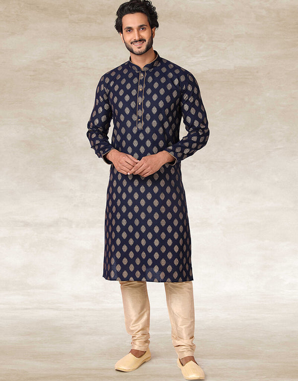 Navy Blue Kurta Hand Loomed In Rich Yarns Of Cotton Chudidaar