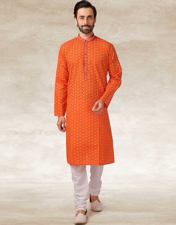Orange Kurta Hand Loomed In Rich Yarns Of Cotton Chudidaar