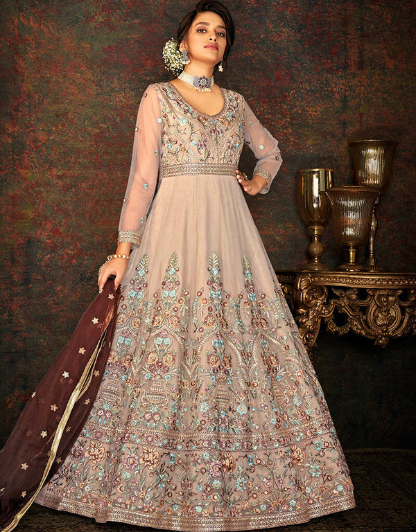 Chocolate Butterfly Net Anarkali Suit