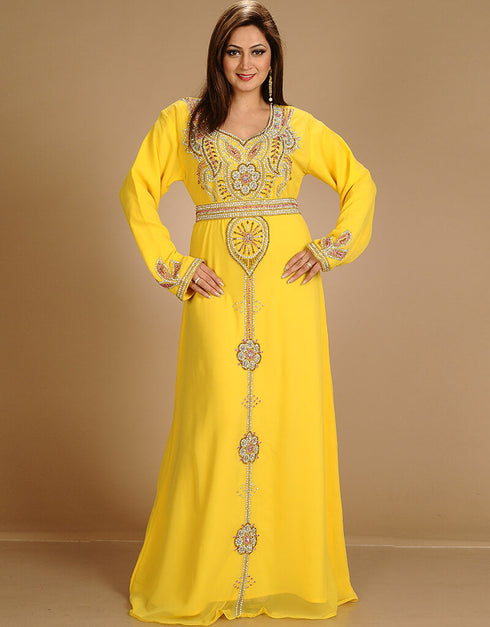 Chic Yellow Georgette Hand Embroidery Party Wear Kaftan