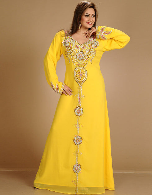 Chic Yellow Georgette Hand Embroidery Party Wear Kaftan