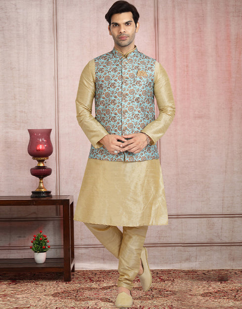 Golden 3 Pcs Jacket Set Banarasi Silk Churidar