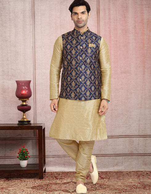 Golden 3 Pcs Jacket Set Banarasi Silk Churidar