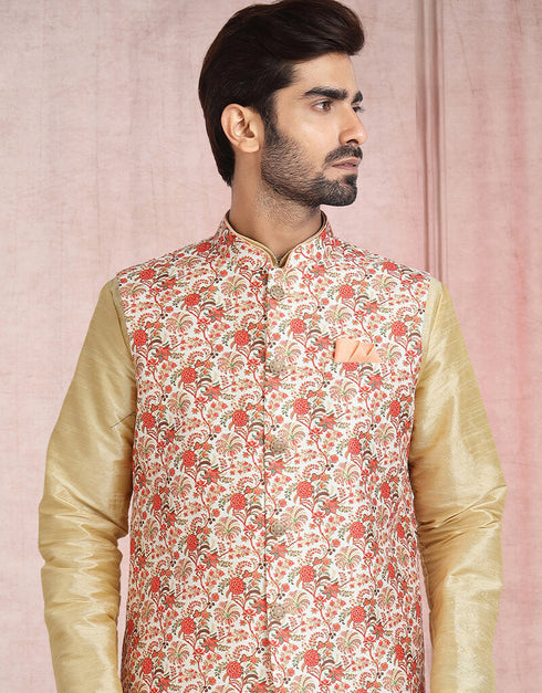 Golden 3 Pcs Jacket Set Banarasi Silk Churidar Closure View