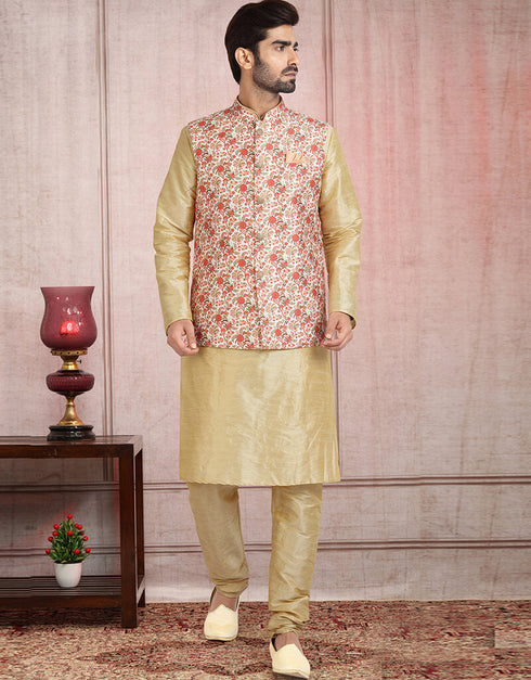 Golden 3 Pcs Jacket Set Banarasi Silk Churidar