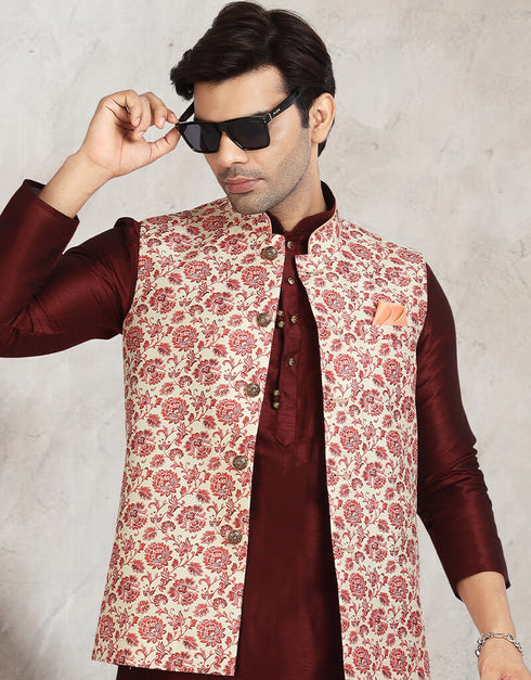 Maroon 3 Pcs Jacket Set Banarasi Silk Churidar Closure View