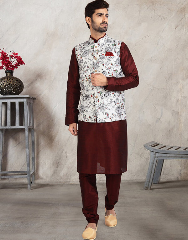 Maroon 3 Pcs Jacket Set Banarasi Silk Churidar