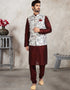 Maroon 3 Pcs Jacket Set Banarasi Silk Churidar