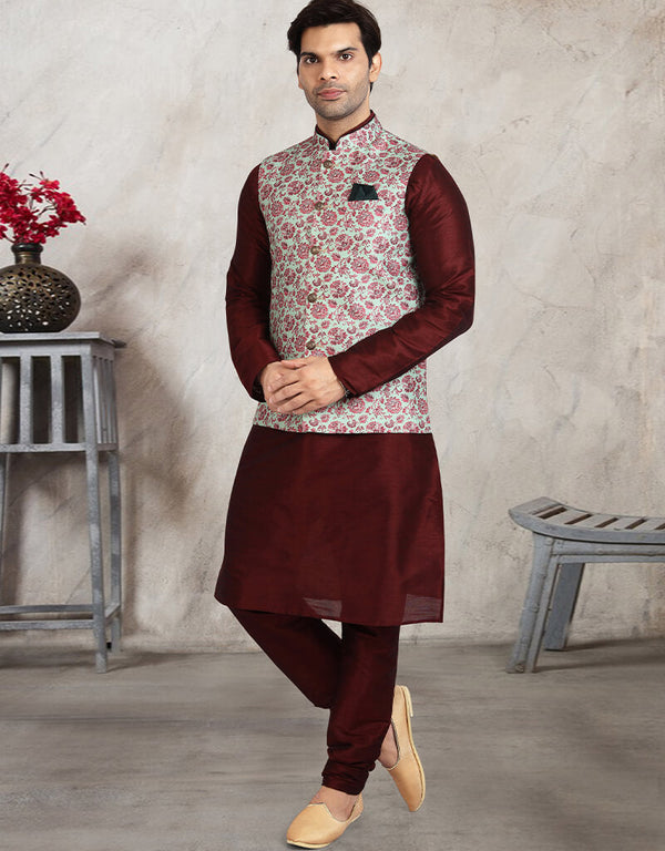 Maroon 3 Pcs Jacket Set Banarasi Silk Churidar