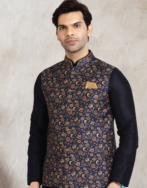 Navy Blue 3 Pcs Jacket Set Banarasi Silk Churidar Closure View