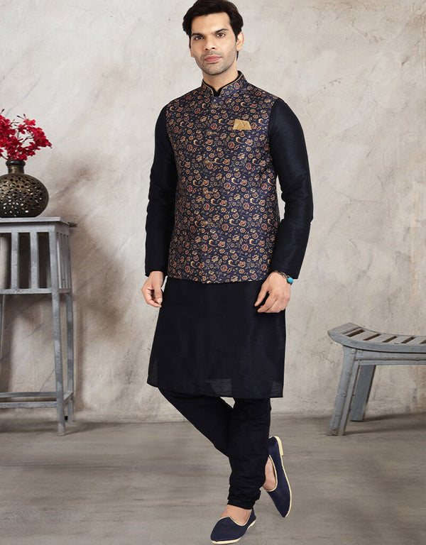 Navy Blue 3 Pcs Jacket Set Banarasi Silk Churidar