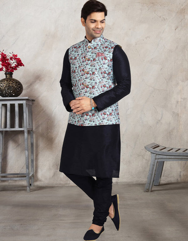 Navy Blue 3 Pcs Jacket Set Banarasi Silk Churidar