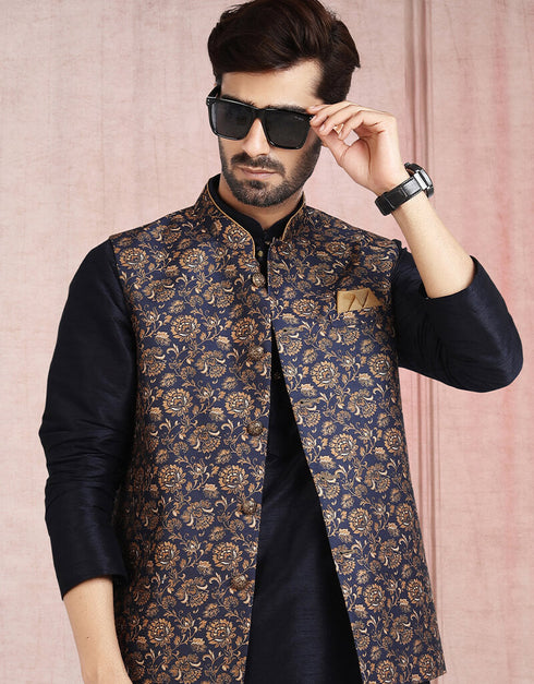 Navy Blue 3 Pcs Jacket Set Banarasi Silk Churidar Closure View