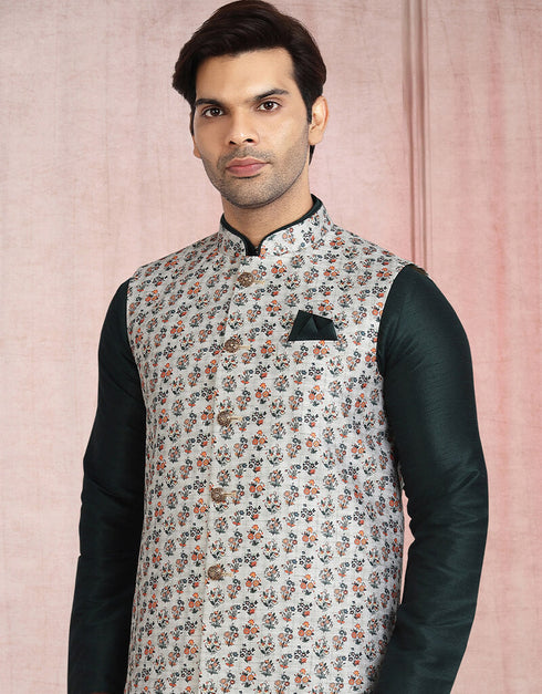 Bottle Green 3 Pcs Jacket Set Banarasi Silk Churidar Closure View