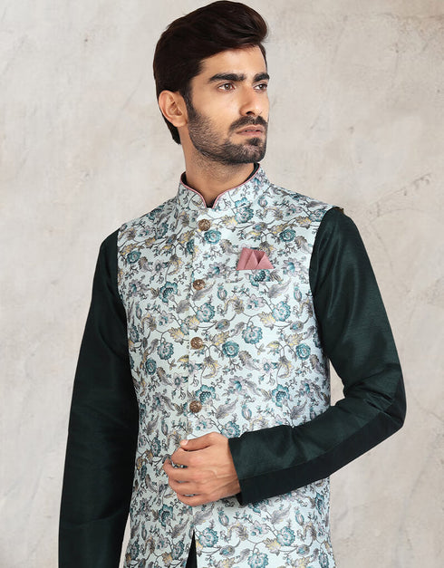 Bottle Green 3 Pcs Jacket Set Banarasi Silk Churidar Closure View