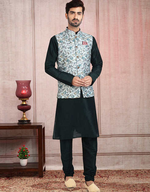 Bottle Green 3 Pcs Jacket Set Banarasi Silk Churidar