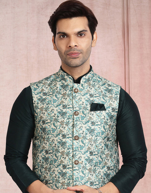 Bottle Green 3 Pcs Jacket Set Banarasi Silk Churidar Closure View