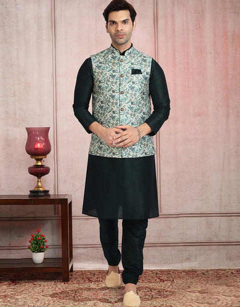 Bottle Green 3 Pcs Jacket Set Banarasi Silk Churidar