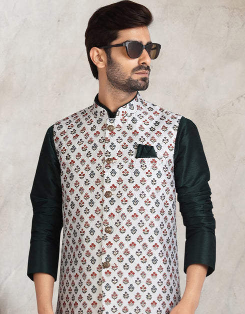 Bottle Green 3 Pcs Jacket Set Banarasi Silk Churidar Closure View