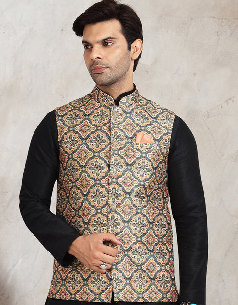 Black 3 Pcs Jacket Set Banarasi Silk Churidar Closure View