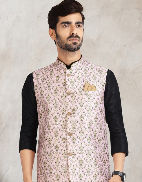 Black 3 Pcs Jacket Set Banarasi Silk Churidar Closure View