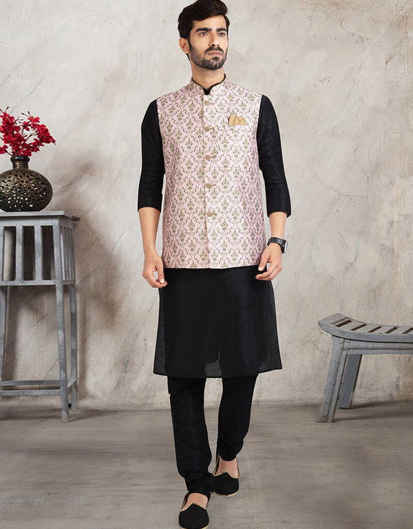 Black 3 Pcs Jacket Set Banarasi Silk Churidar