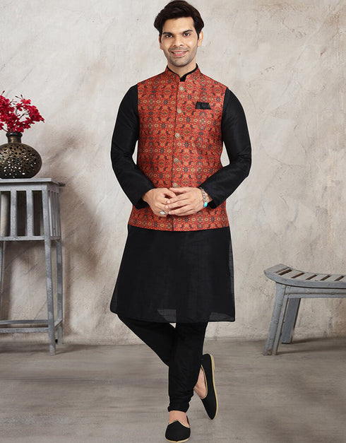 Black 3 Pcs Jacket Set Banarasi Silk Churidar