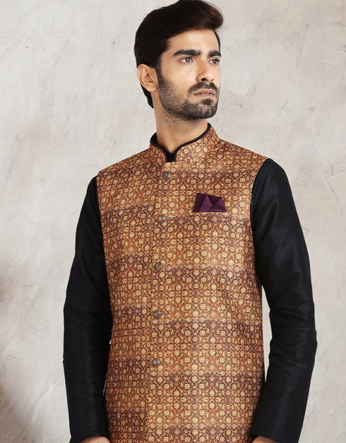 Black 3 Pcs Jacket Set Banarasi Silk Churidar Closure View