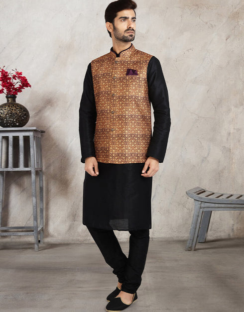 Black 3 Pcs Jacket Set Banarasi Silk Churidar