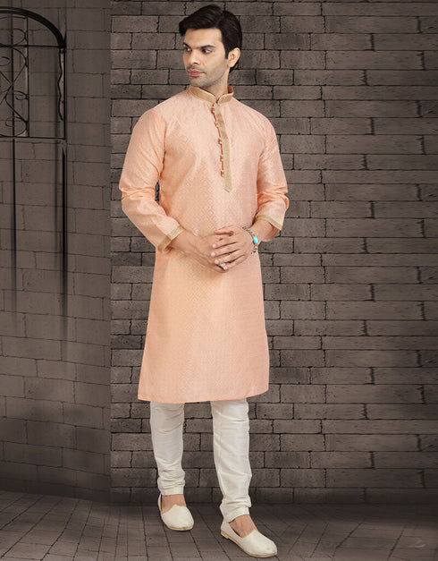 PEACH Kurta JAQURD Silk Brocade Churidar Closure View