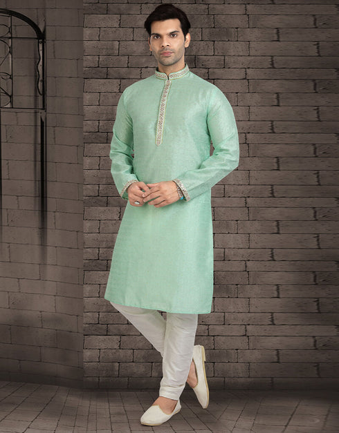 GREEN Kurta JAQURD Silk Brocade Churidar Closure View