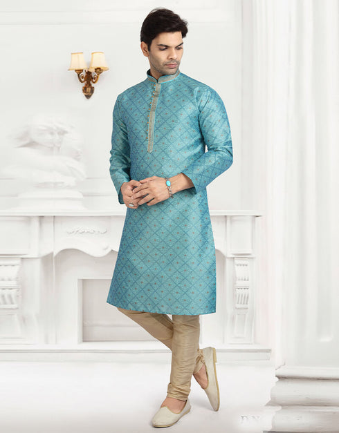 BLUE Kurta JAQURD Silk Brocade Churidar Closure View
