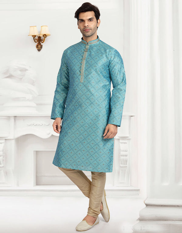 BLUE Kurta JAQURD Silk Brocade Churidar