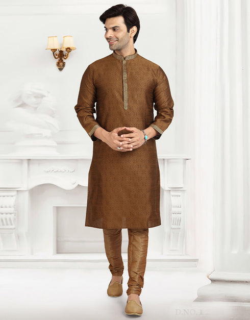 BROWN Kurta JAQURD Silk Brocade Churidar Closure View