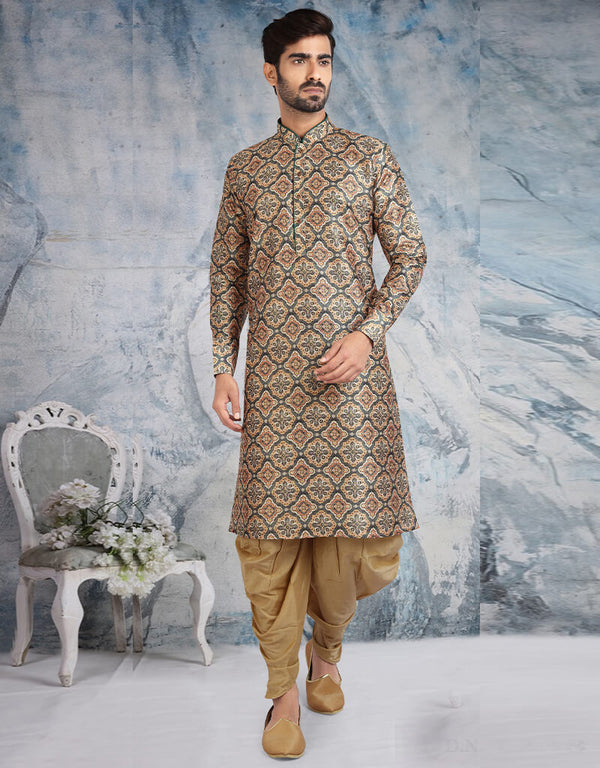 BAIGE Kurta PRINT ON Banarasi Silk PESHAWARI