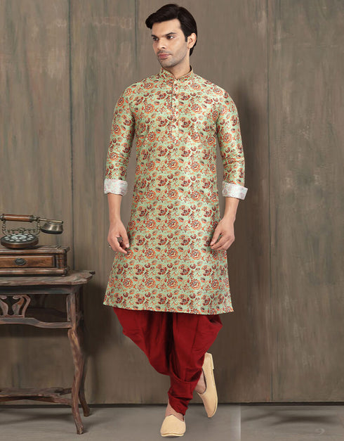 GREEN Kurta PRINT ON Banarasi Silk PESHAWARI Closure View