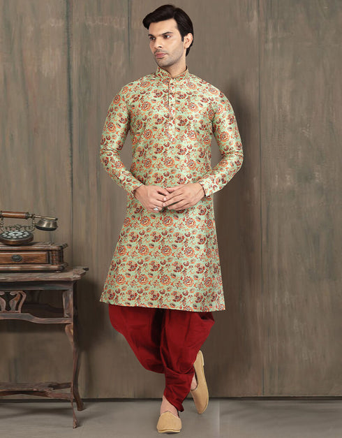 GREEN Kurta PRINT ON Banarasi Silk PESHAWARI