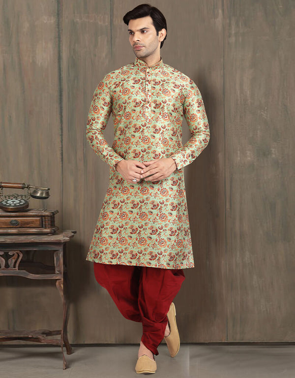 GREEN Kurta PRINT ON Banarasi Silk PESHAWARI